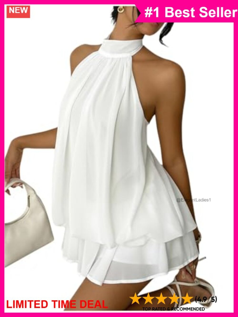 Chiffon Halter Drop Waist Mini Dress with Ruffle Hem and Built-in Shorts